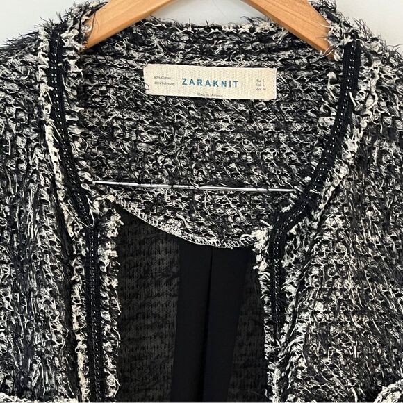 Zara Knit Black White Boucle Open Front Longline Cardigan Coat Jacket Sz L - Picture 4 of 10
